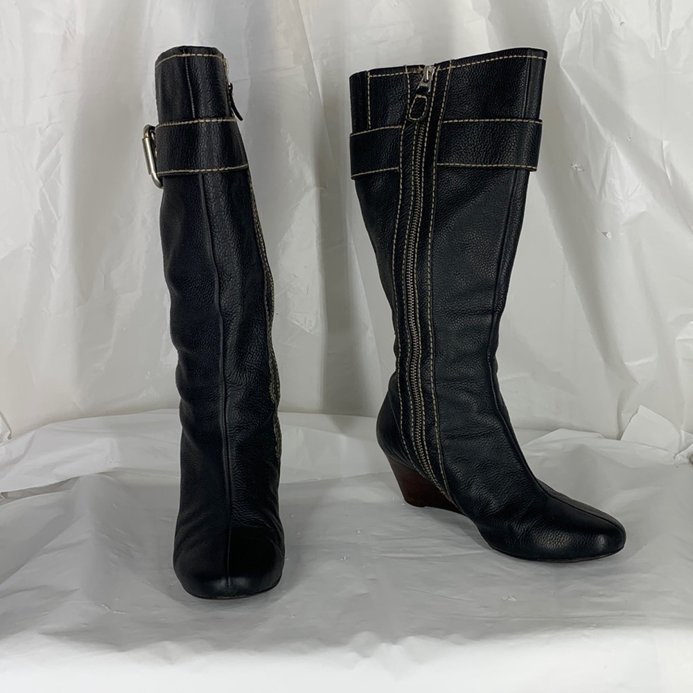 Fossil Black Leather Maddox Wedge Heel Side Zip Buckle Calf Height Boots 7.5